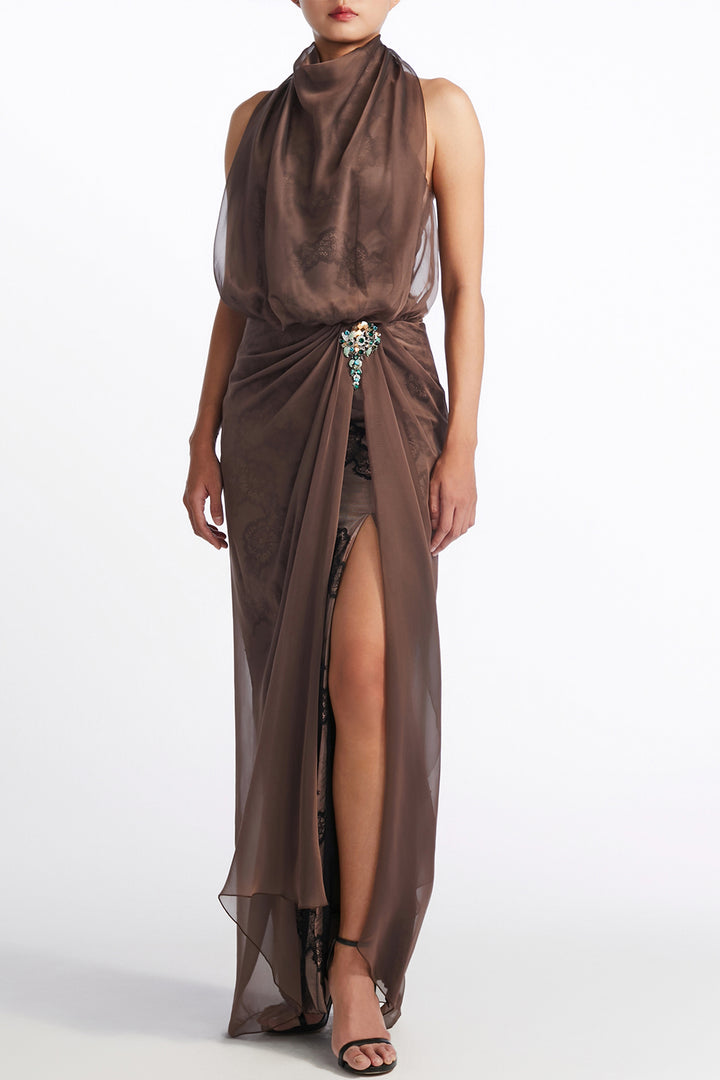 High-Neck Draped Brooch-Embellished Dress