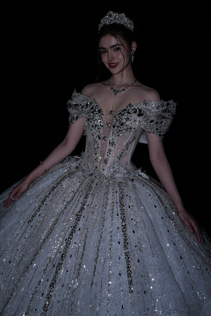 A-Line Dress with Embellished Off-The-Shoulder Neckline