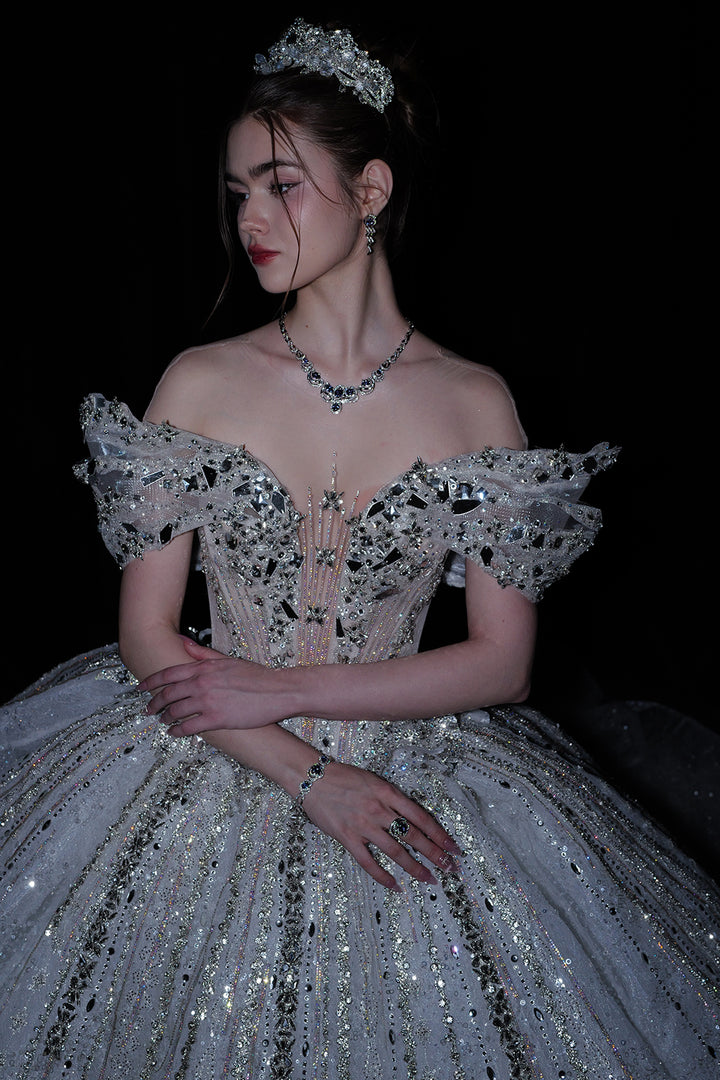 A-Line Dress with Embellished Off-The-Shoulder Neckline