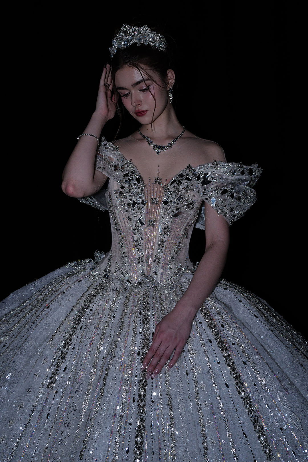 A-Line Dress with Embellished Off-The-Shoulder Neckline