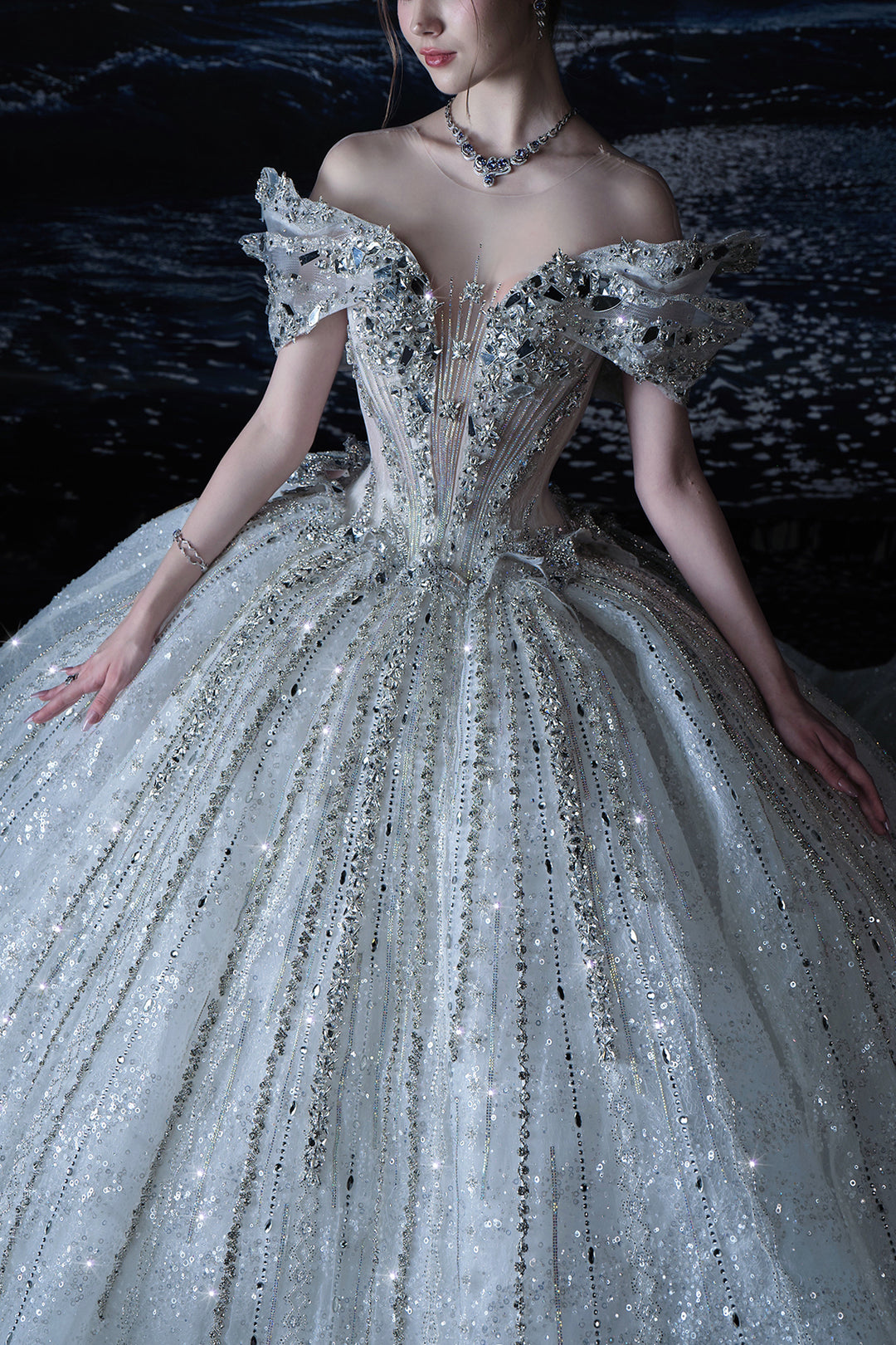 A-Line Dress with Embellished Off-The-Shoulder Neckline