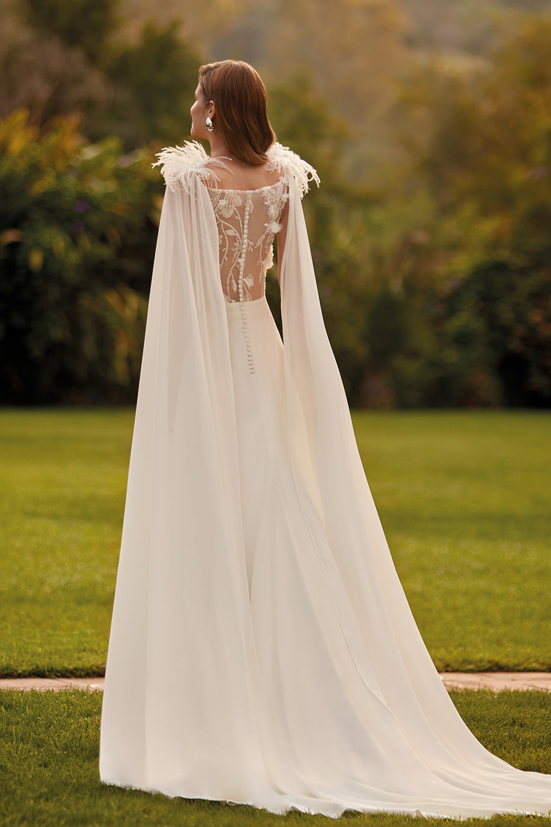 Crepe Bridal Dress with Feather Cape