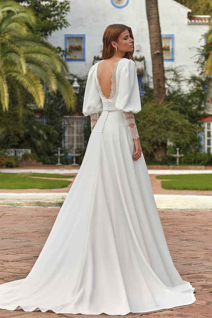 A-line Crepe Dress Lace with Lace Trim