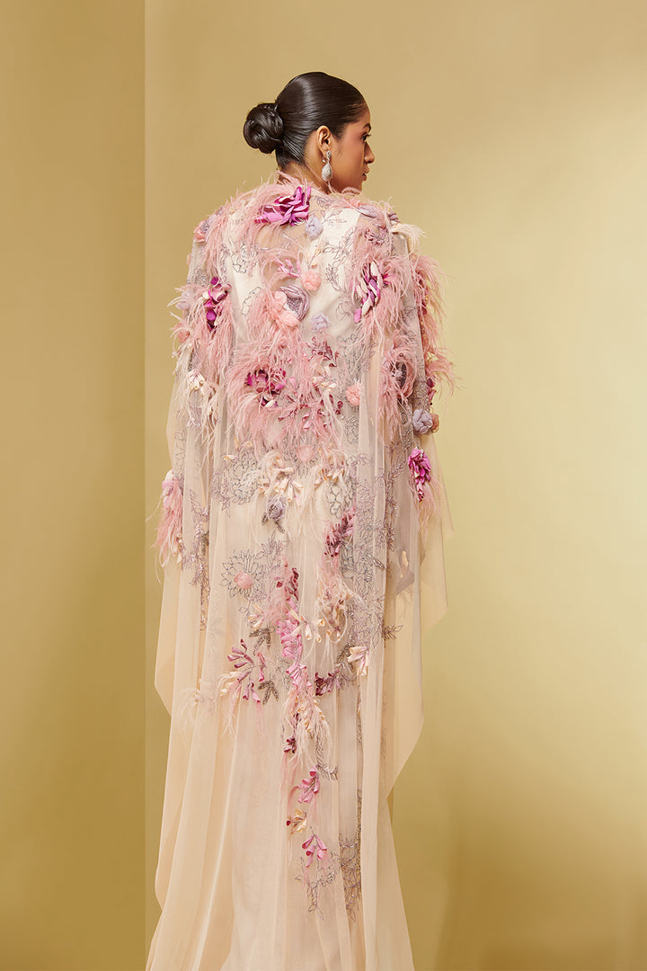 Lurex Silk Dress with Feathered Cape
