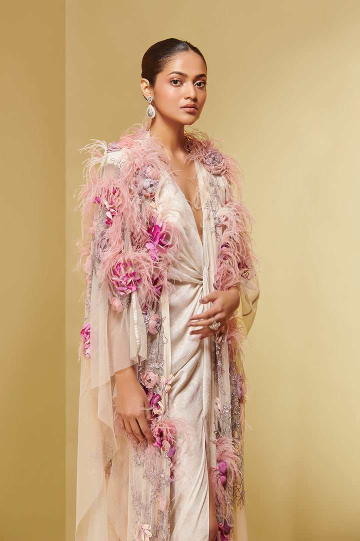Lurex Silk Dress with Feathered Cape