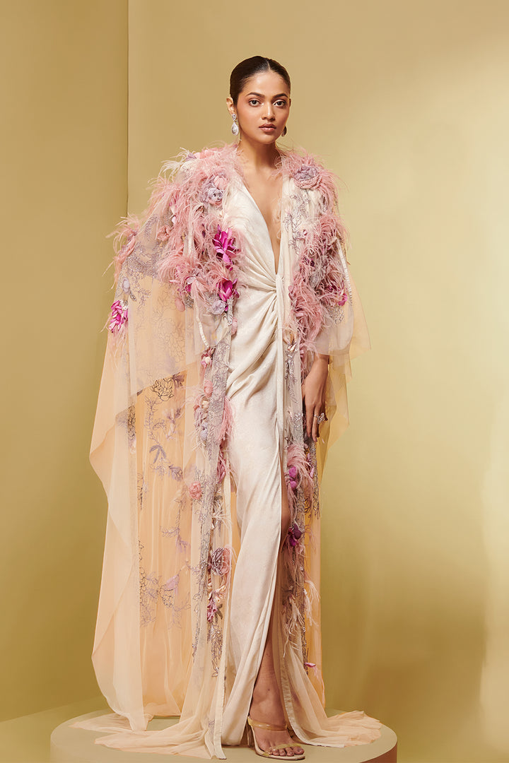 Lurex Silk Dress with Feathered Cape