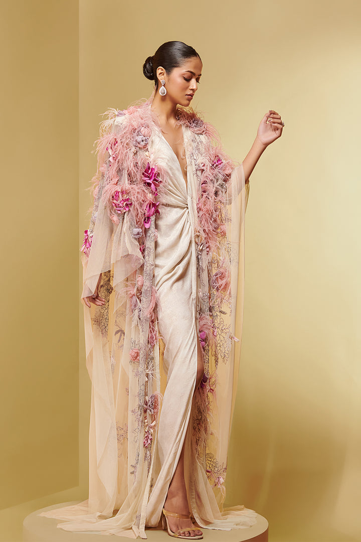 Lurex Silk Dress with Feathered Cape