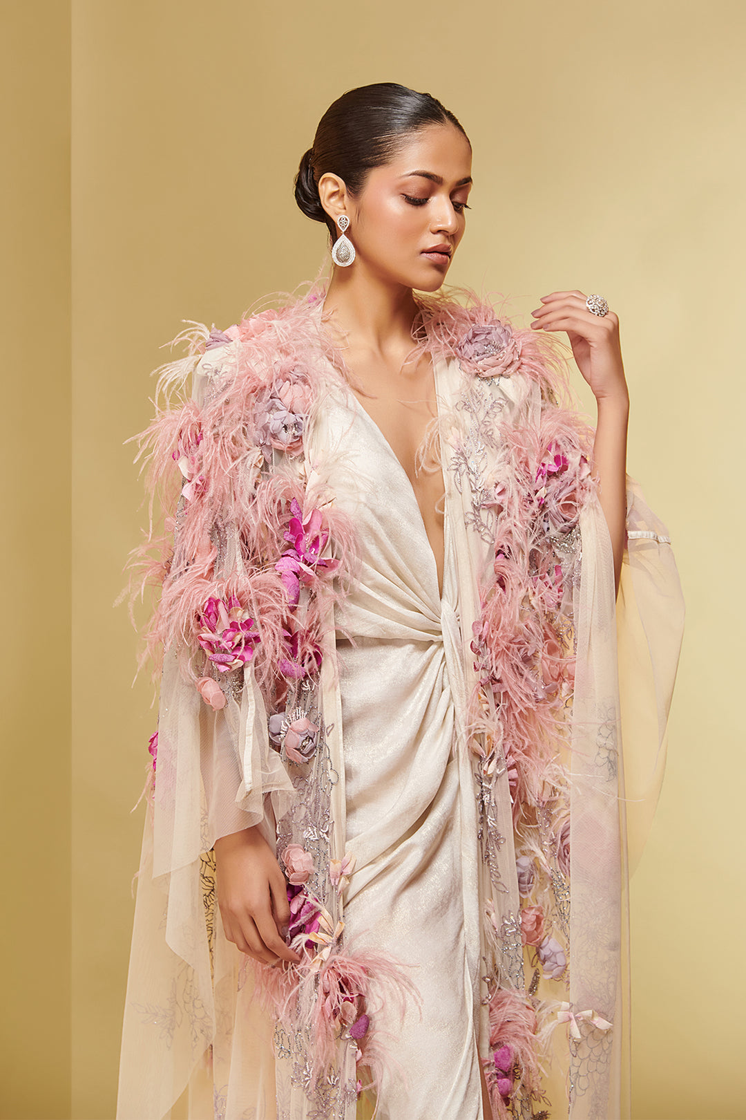 Lurex Silk Dress with Feathered Cape