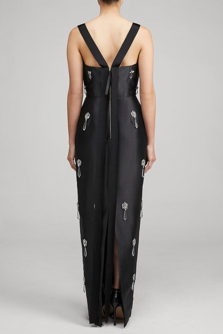 Embellished Taffeta Dress with V-Back Straps