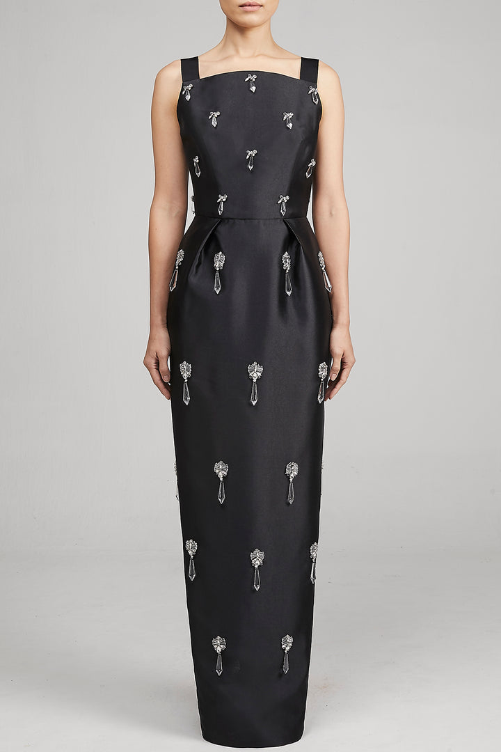 Embellished Taffeta Dress with V-Back Straps