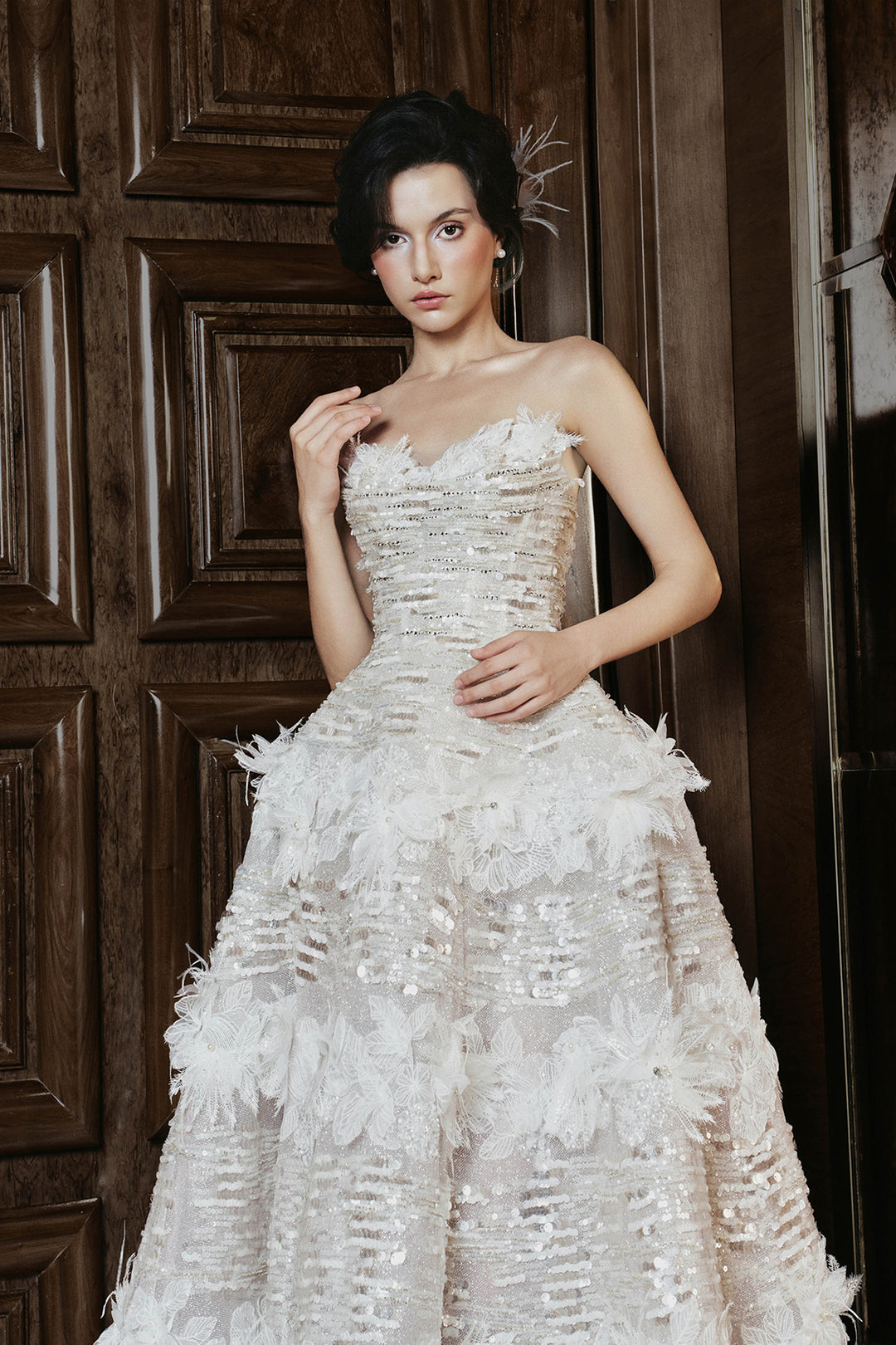 A-Line Long Dress with Strapless Ruffled Bodice