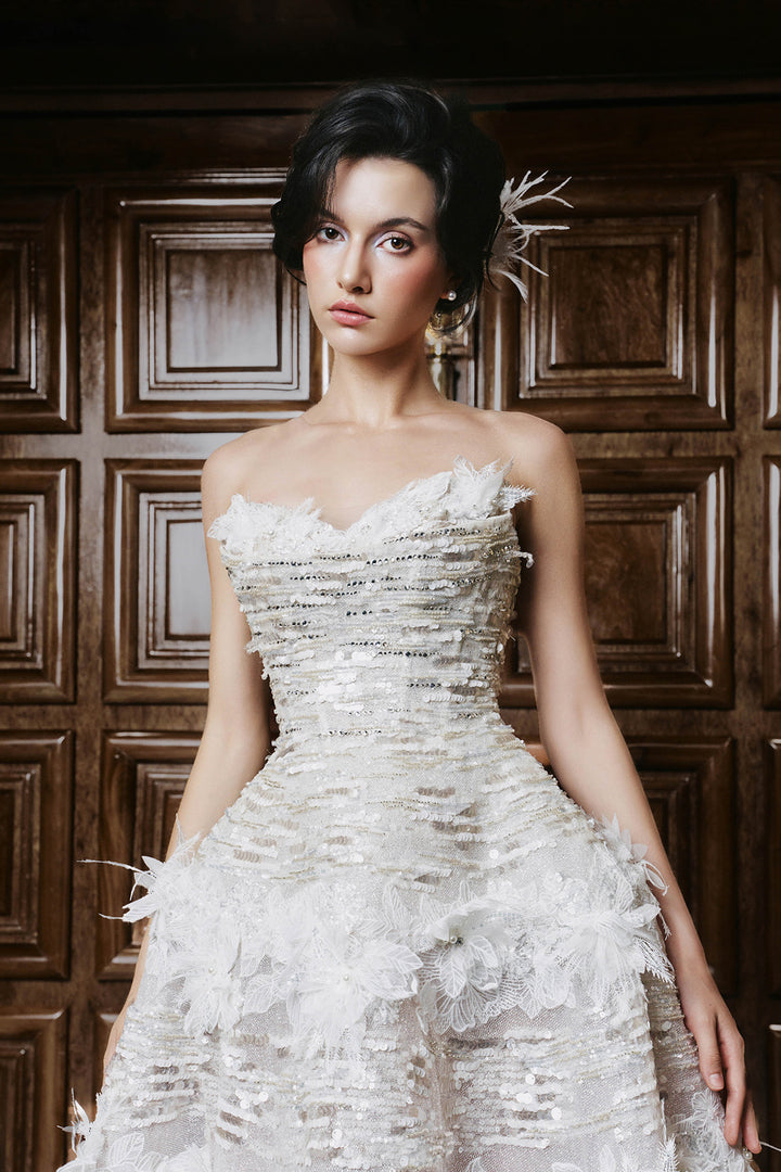 A-Line Long Dress with Strapless Ruffled Bodice