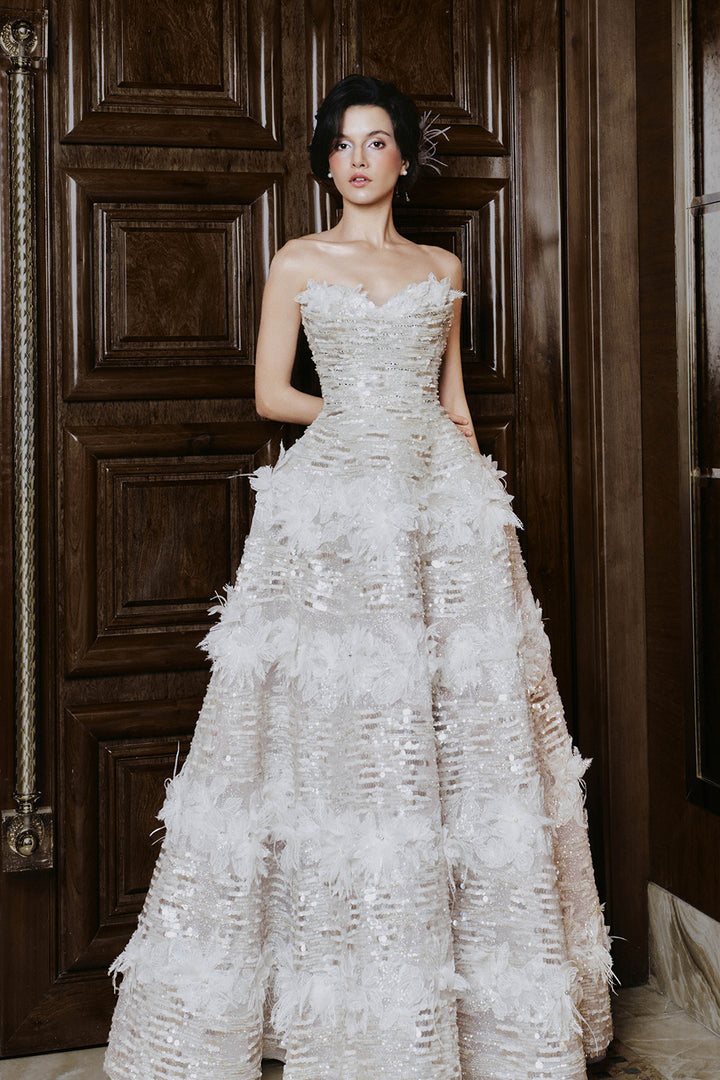 A-Line Long Dress with Strapless Ruffled Bodice