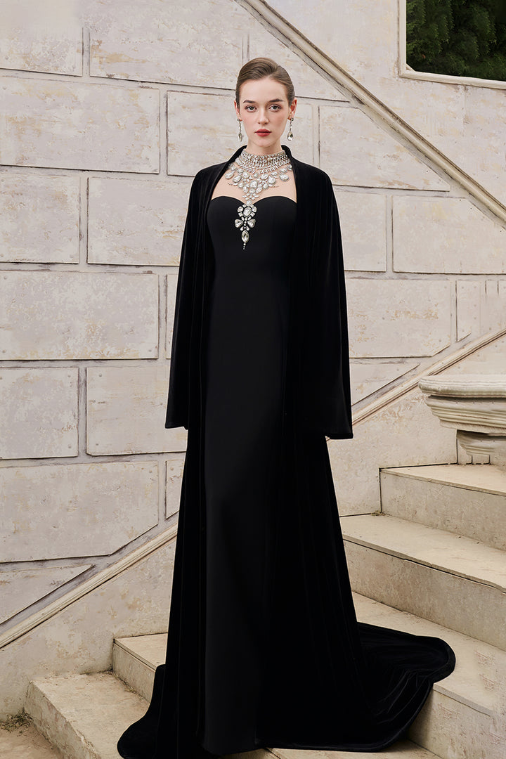 Flared Velvet Cape With Crystal-Embellished Shoulder