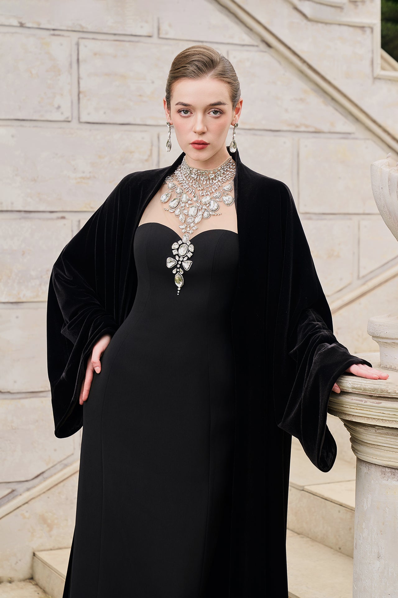 Flared Velvet Cape With Crystal-Embellished Shoulder – M.R DESIGN