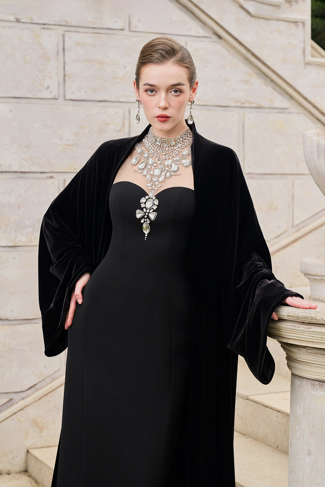 Flared Velvet Cape With Crystal-Embellished Shoulder