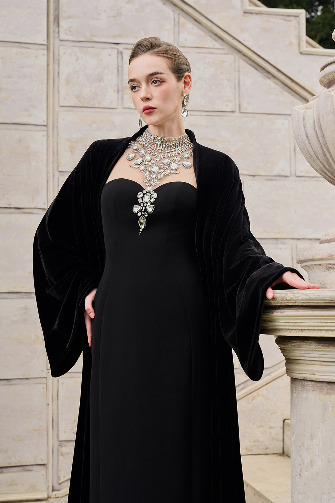 Flared Velvet Cape With Crystal-Embellished Shoulder