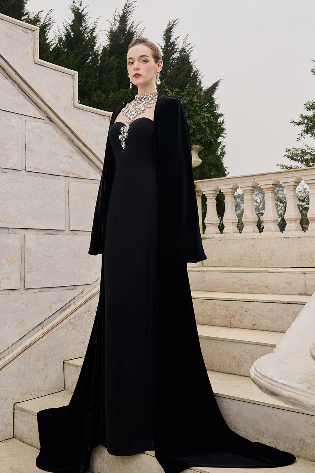 Flared Velvet Cape With Crystal-Embellished Shoulder