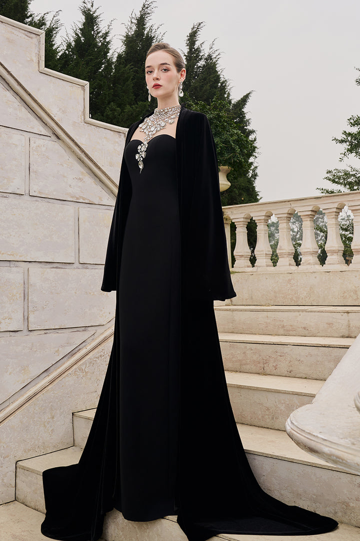 Flared Velvet Cape With Crystal-Embellished Shoulder