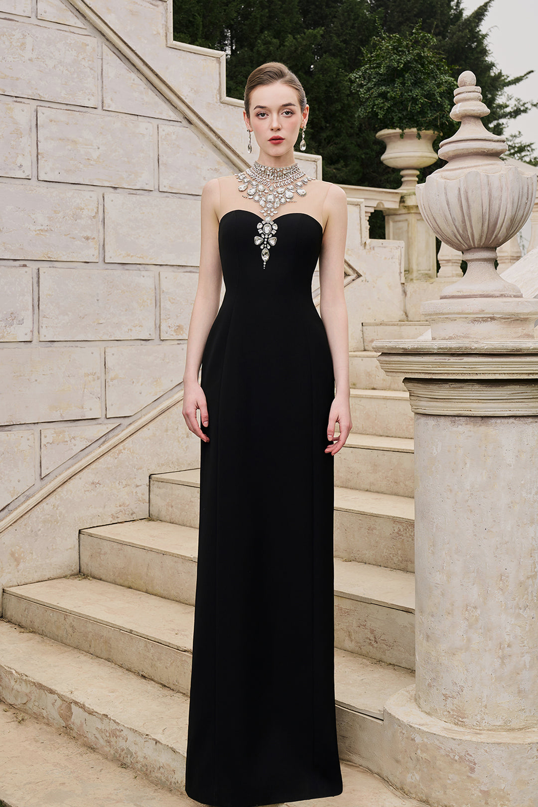 Flared Velvet Cape With Crystal-Embellished Shoulder