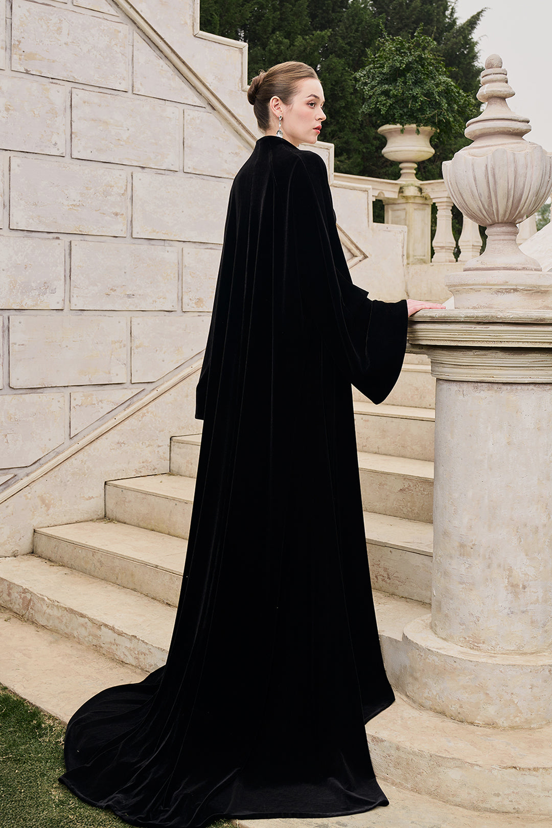 Flared Velvet Cape With Crystal-Embellished Shoulder