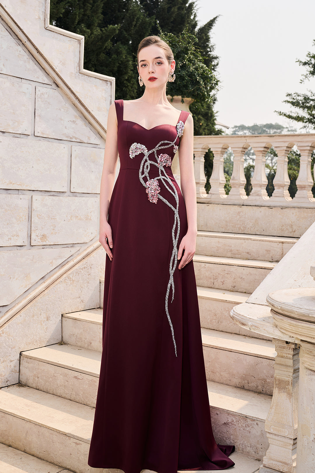 burgundy dress set Short Cape Strappy Semi-Heart Dress Set Burgundy / FR 48