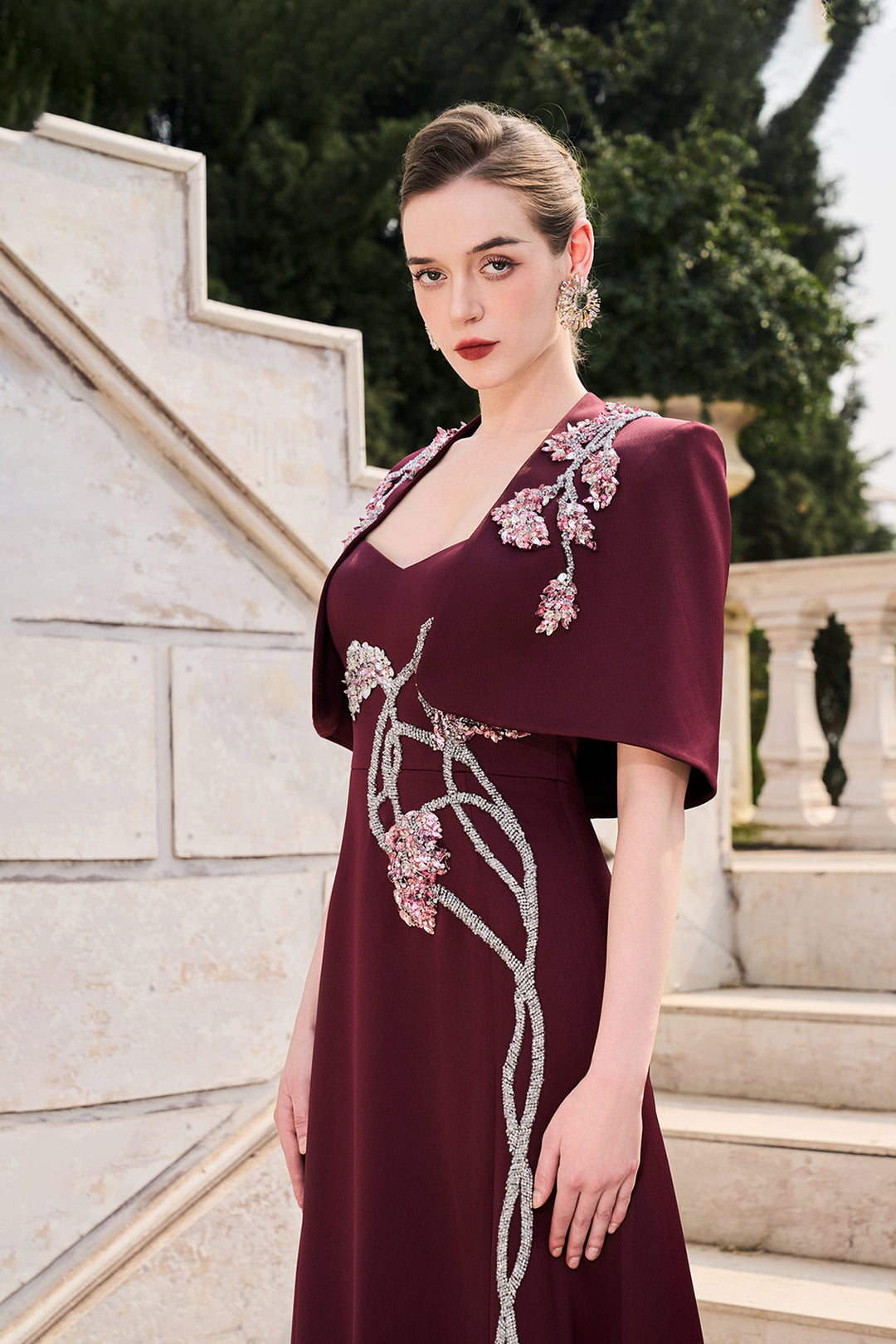 dress with short cape sleeves Short Cape Sleeve Floral Lace Pleated Dress White / FR 48