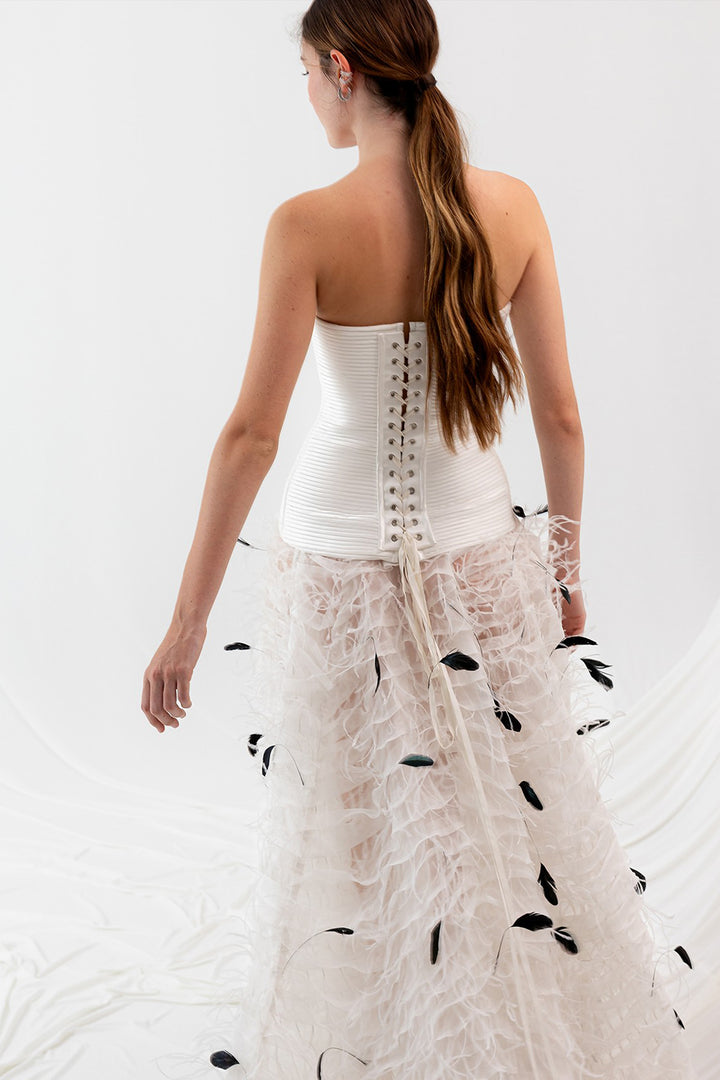 Strapless A-line Long Dress with Feathers