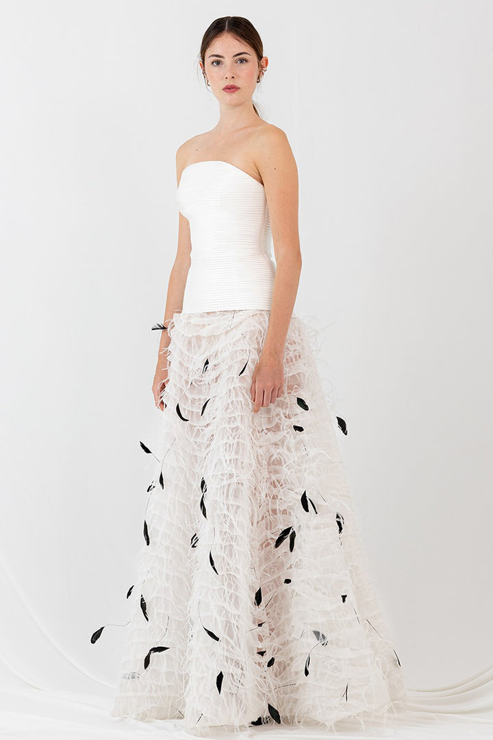 Strapless A-line Long Dress with Feathers