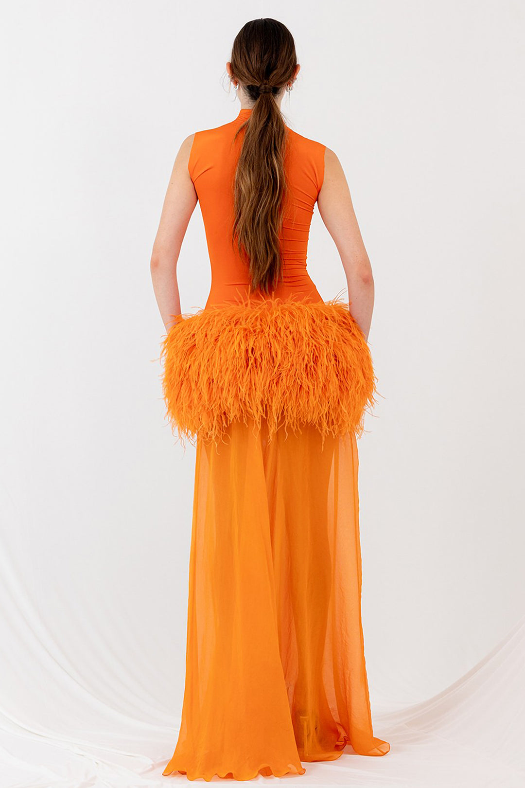 Feather and Tulle Dress with Halter Neckline