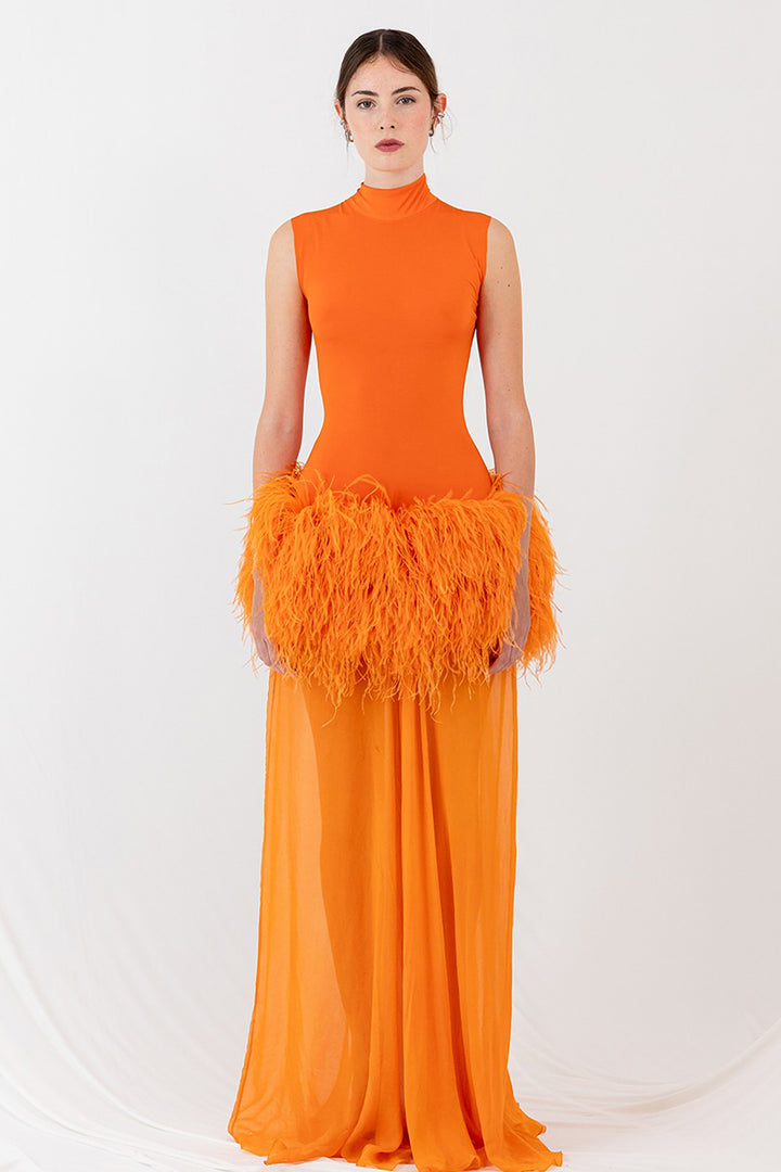 Feather and Tulle Dress with Halter Neckline