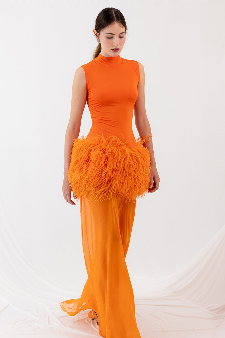 Feather and Tulle Dress with Halter Neckline