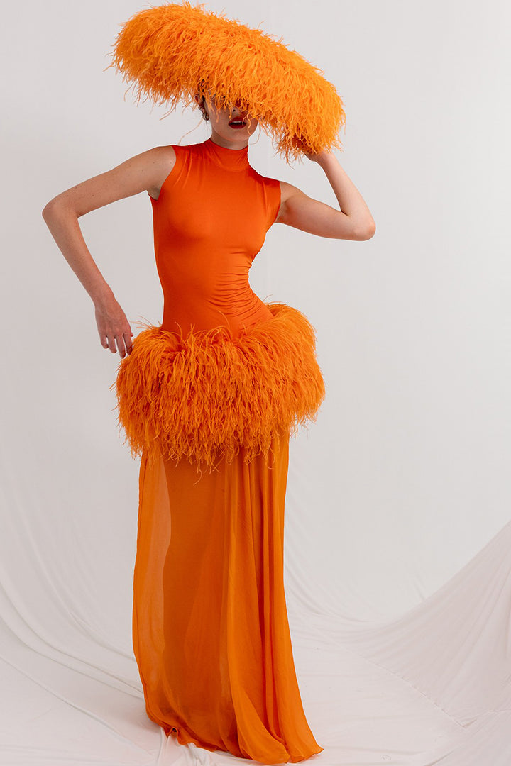 Feather and Tulle Dress with Halter Neckline