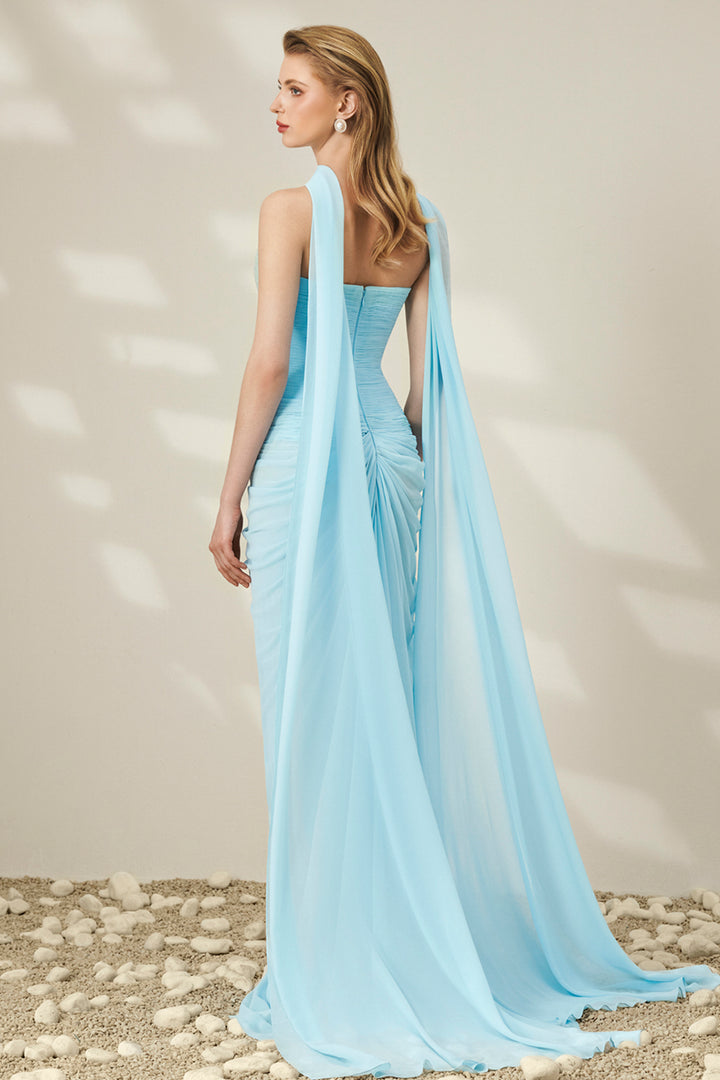 Strapless sweetheart Pleated Chiffon Dress with Scarf