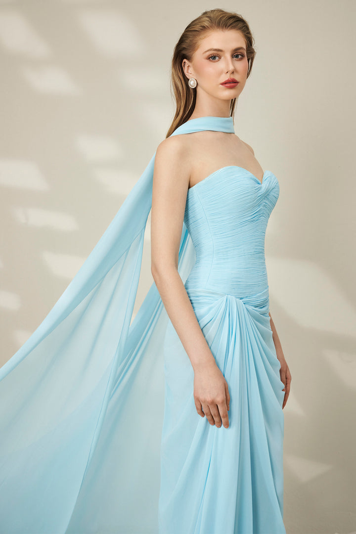 Strapless sweetheart Pleated Chiffon Dress with Scarf