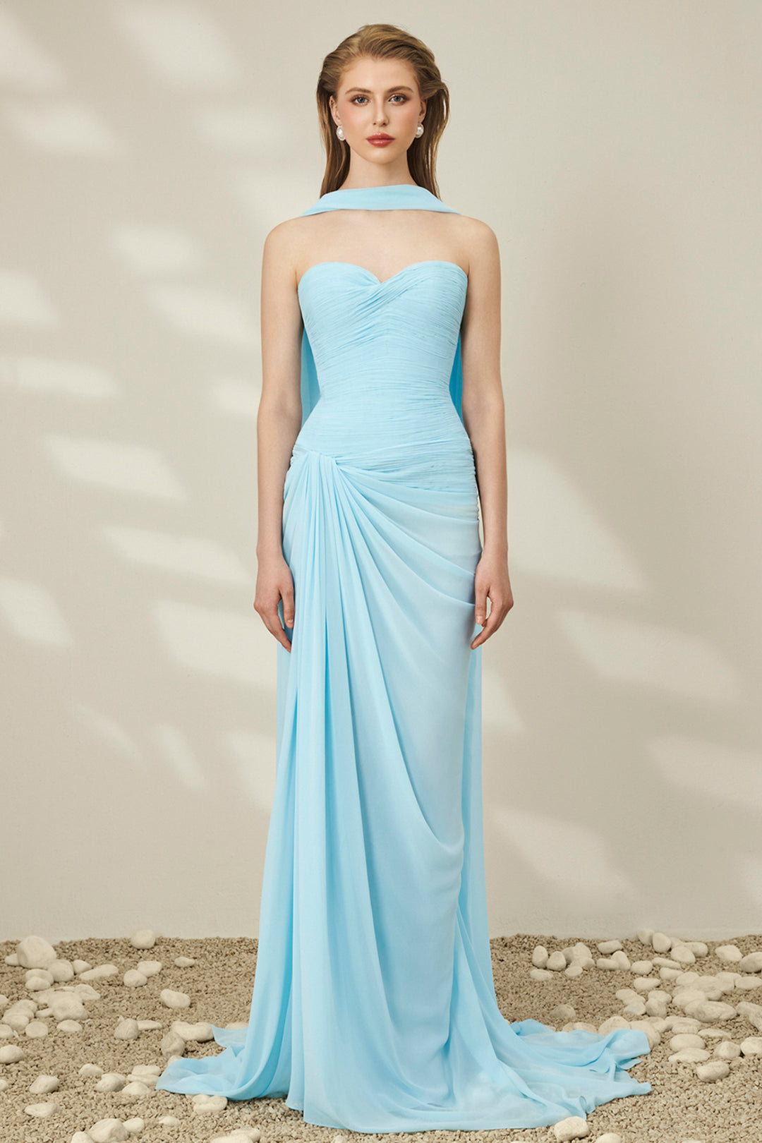 Strapless sweetheart Pleated Chiffon Dress with Scarf