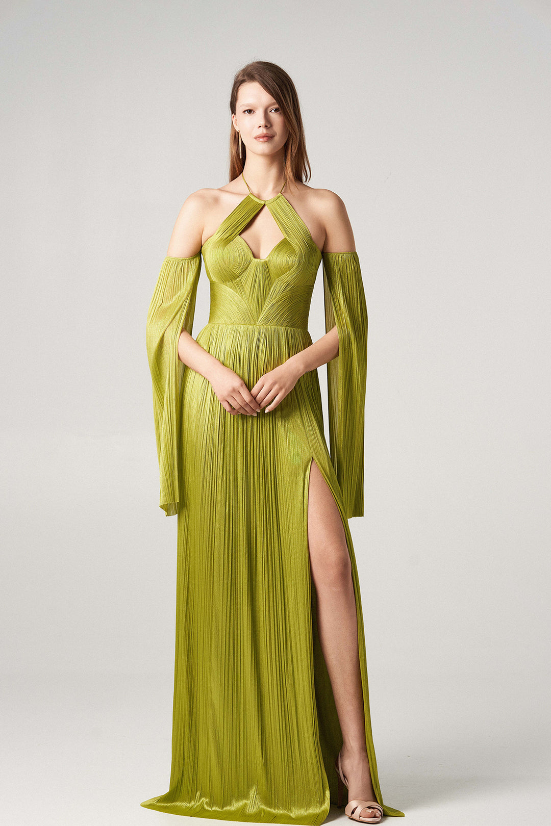 Silk Tulle Dress with Off-the-Shoulder Details Lime-Green / FR 44