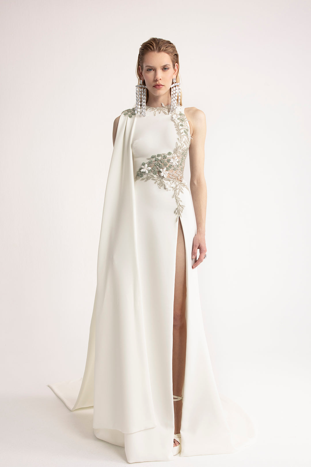 Wedding dress with Removable Cape, Beaded Details, and Side Slit M.R DESIGN Wedding dress with Removable Cape, Beaded Details, and Side Slit M.R DESIGN