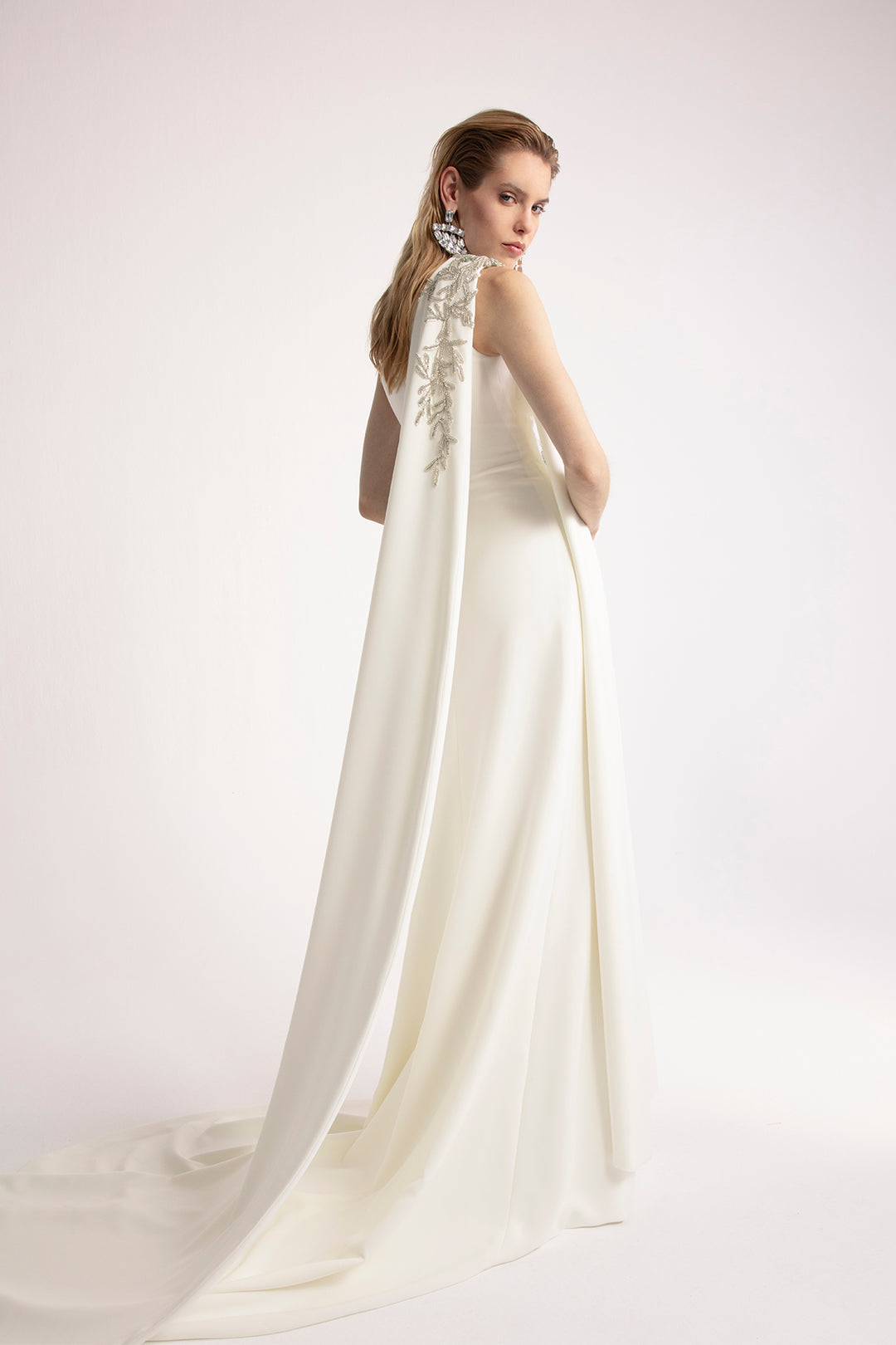Wedding dress with Removable Cape, Beaded Details, and Side Slit M.R DESIGN Wedding dress with Removable Cape, Beaded Details, and Side Slit M.R DESIGN