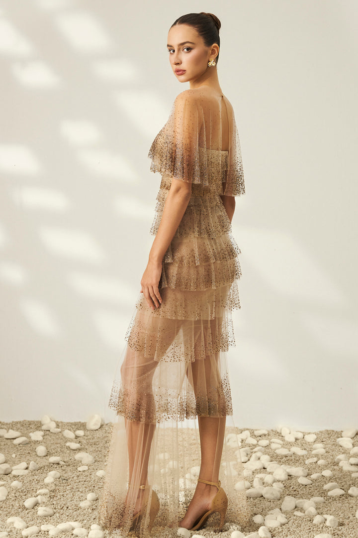 Micro-Beaded Tulle with Cape Column Dress