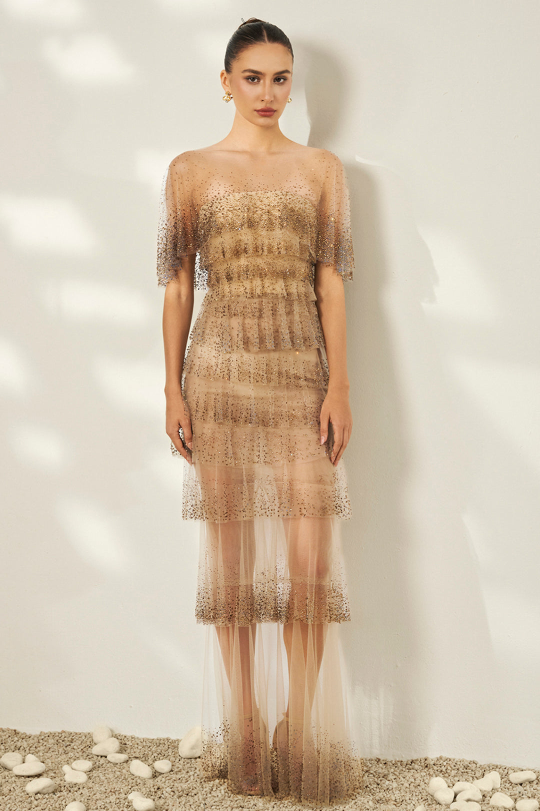 Micro-Beaded Tulle with Cape Column Dress
