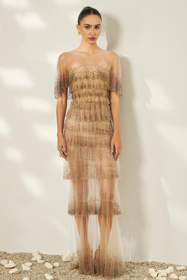 Micro-Beaded Tulle with Cape Column Dress
