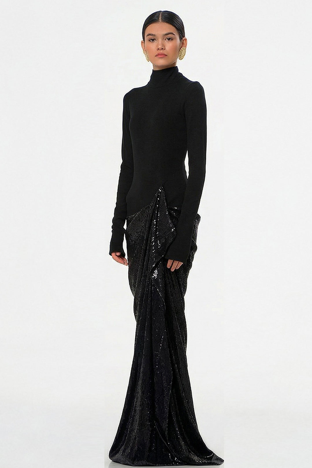 Long Dress with Hip Silhouette and Long Sleeves
