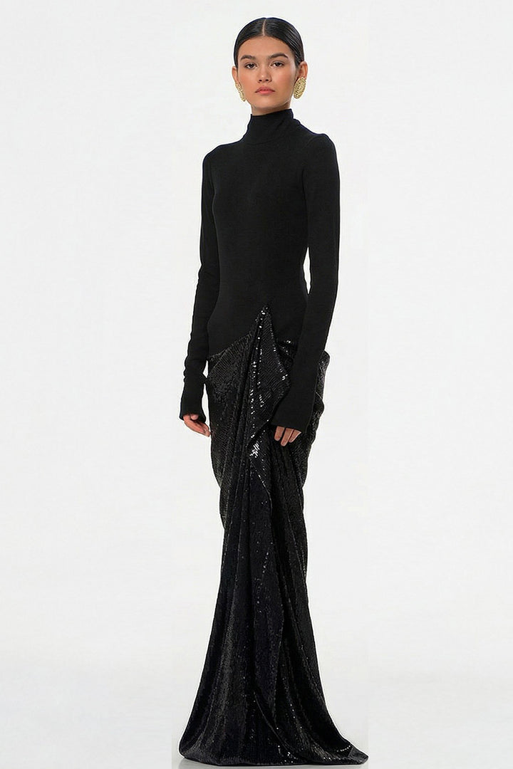 Long Dress with Hip Silhouette and Long Sleeves
