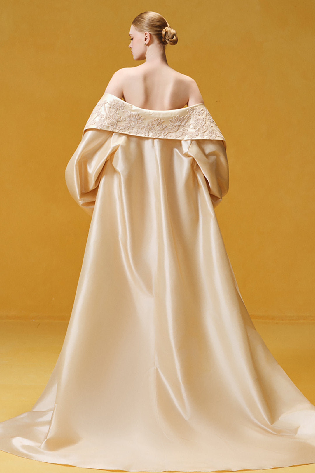 Botanical Embroidered Crepe with Taffeta Cape Dress