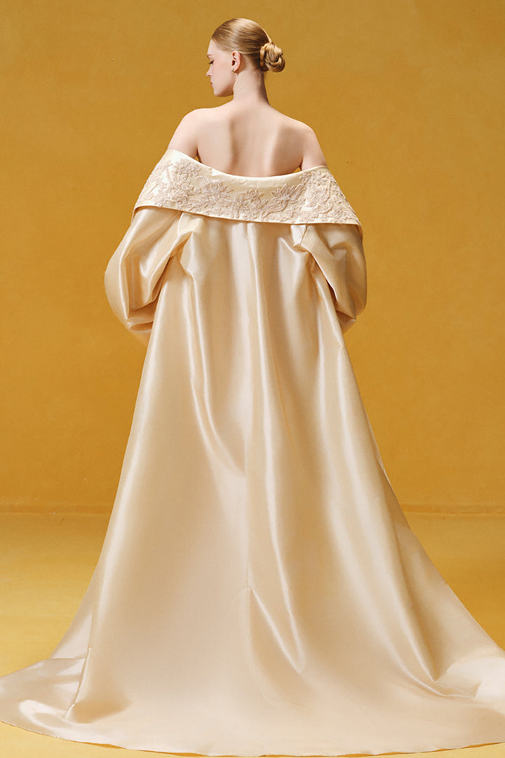 Botanical Embroidered Crepe with Taffeta Cape Dress