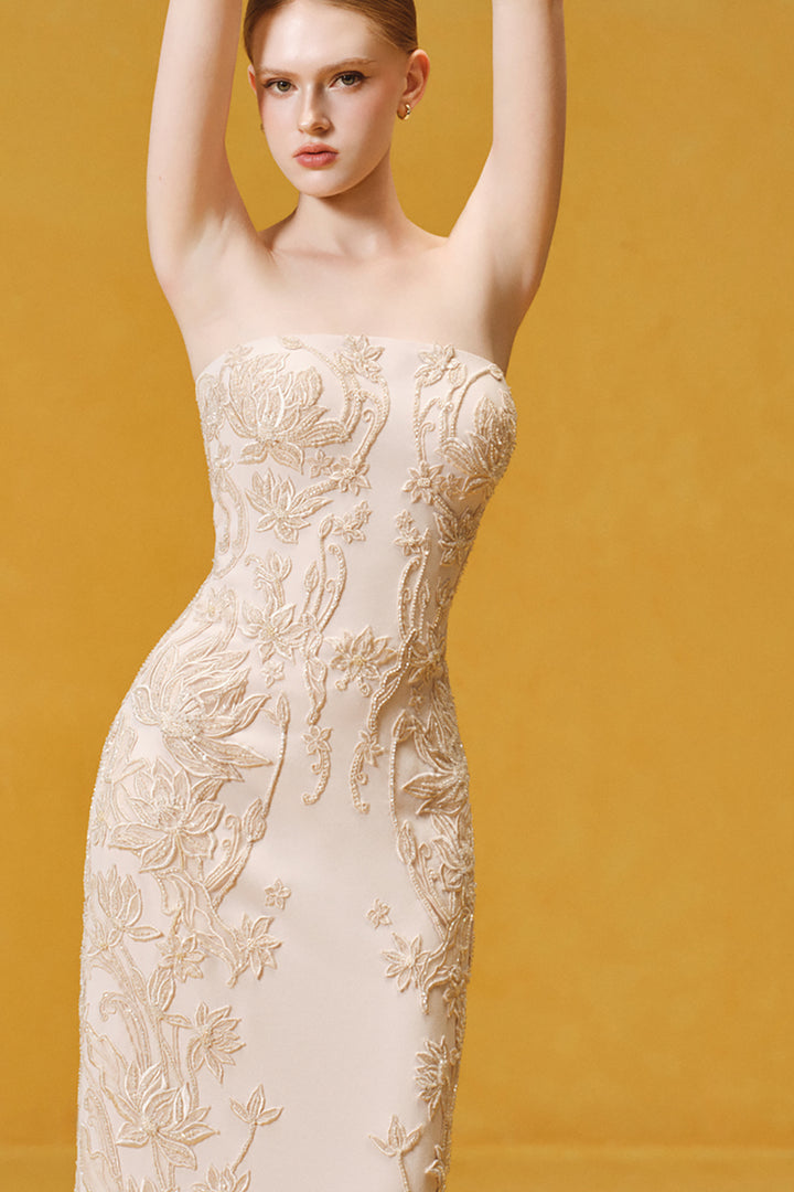 Botanical Embroidered Crepe with Taffeta Cape Dress