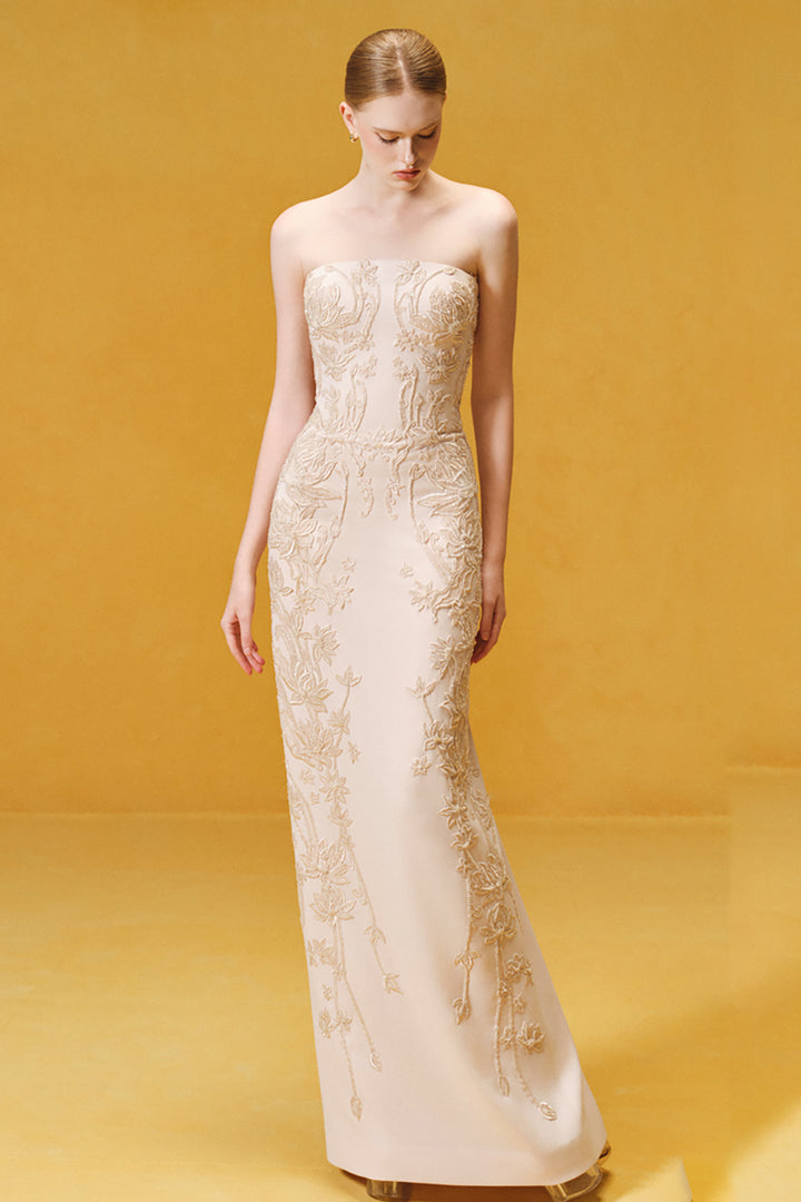 Botanical Embroidered Crepe with Taffeta Cape Dress