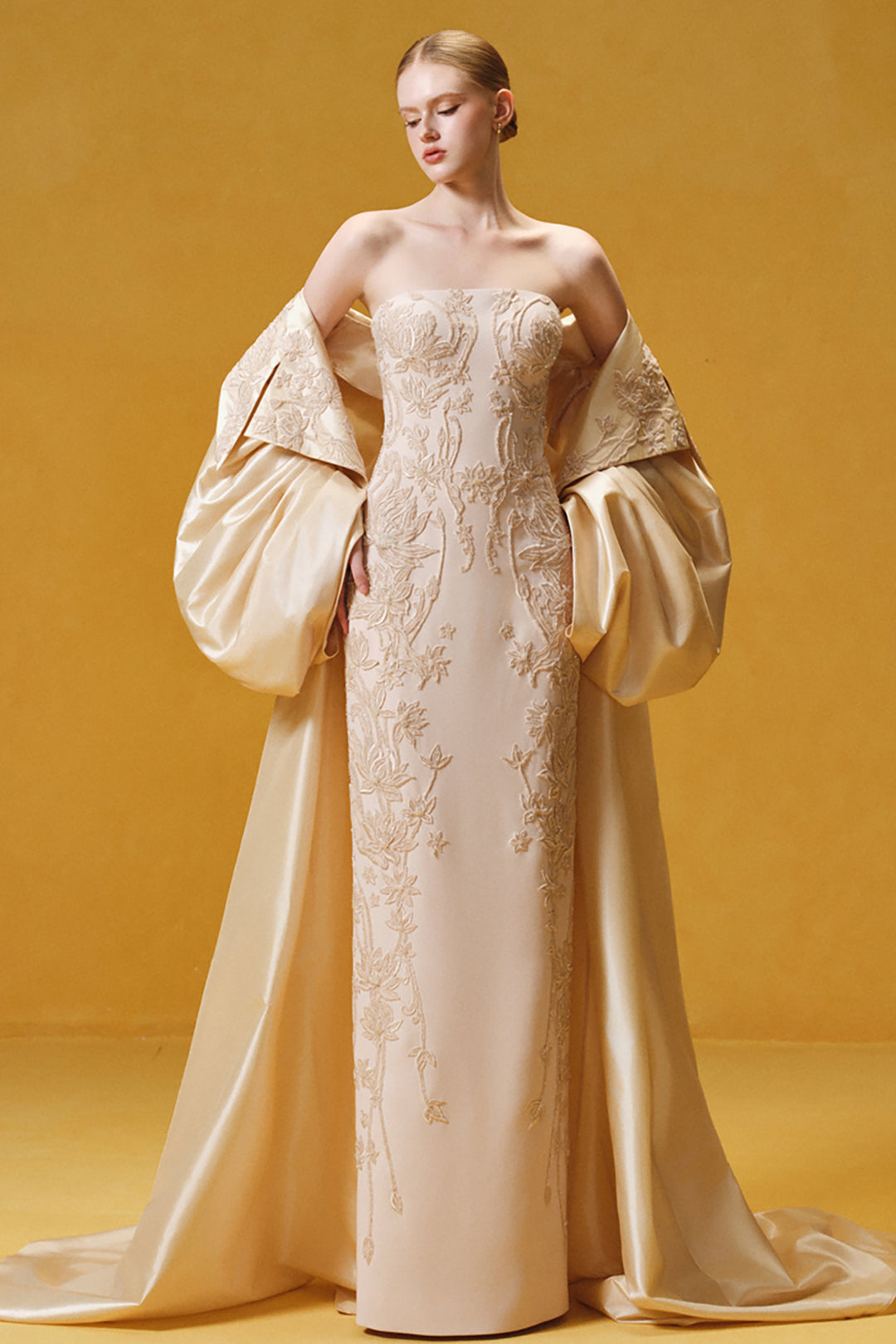Botanical Embroidered Crepe with Taffeta Cape Dress