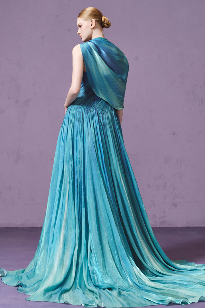 One-Shoulder with Cape and High-Slit Dress